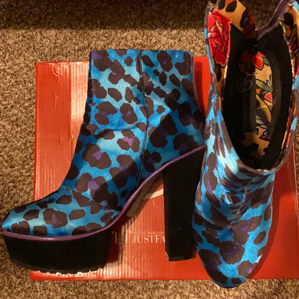 Iron Fist blue leopard heeled booties size 11